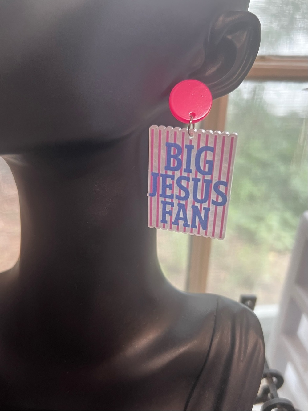 Big Jesus Fan Statement Earrings - Hot Pink & Blue - Picture 2 of 2